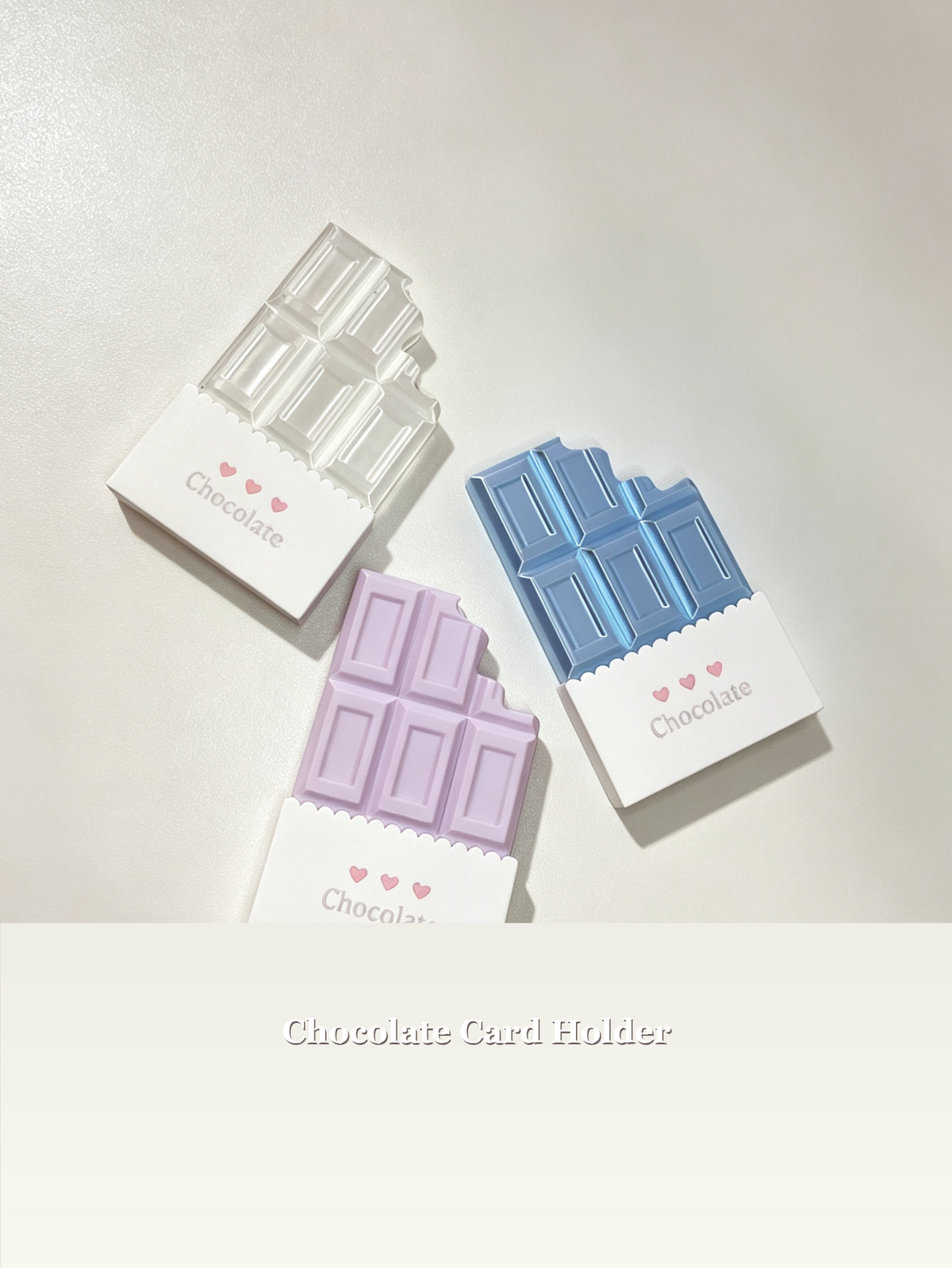 Three color options of the 3D printed chocolate bar card holder