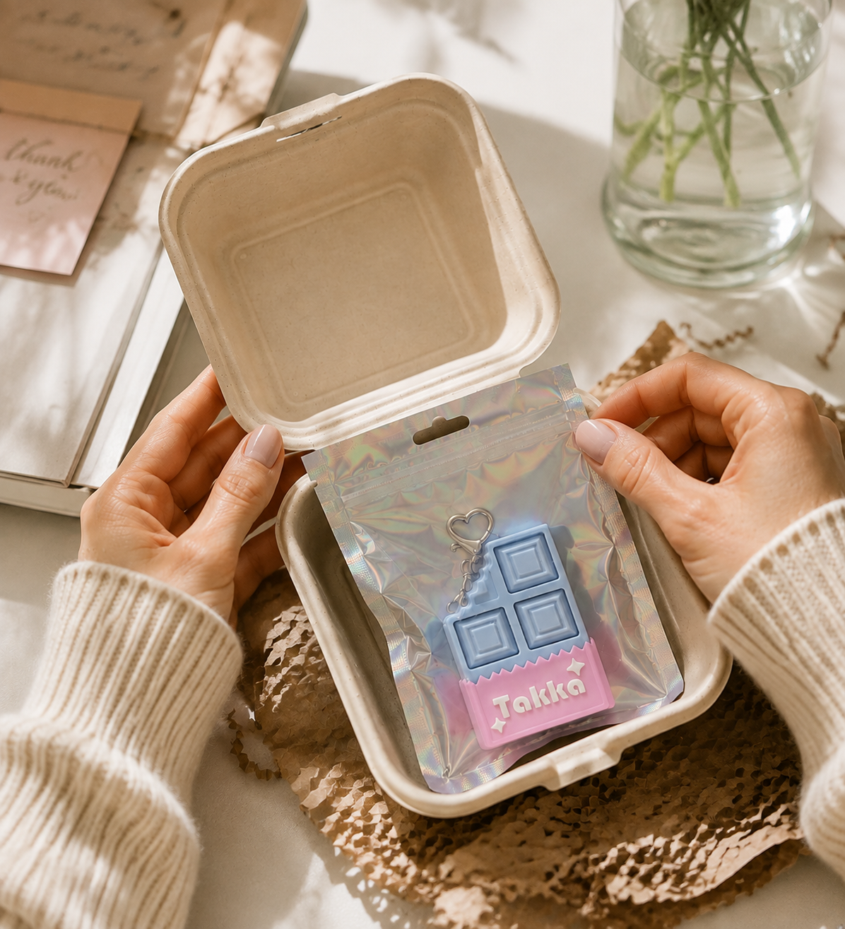 Personalized chocolate bar keychain in gift packaging