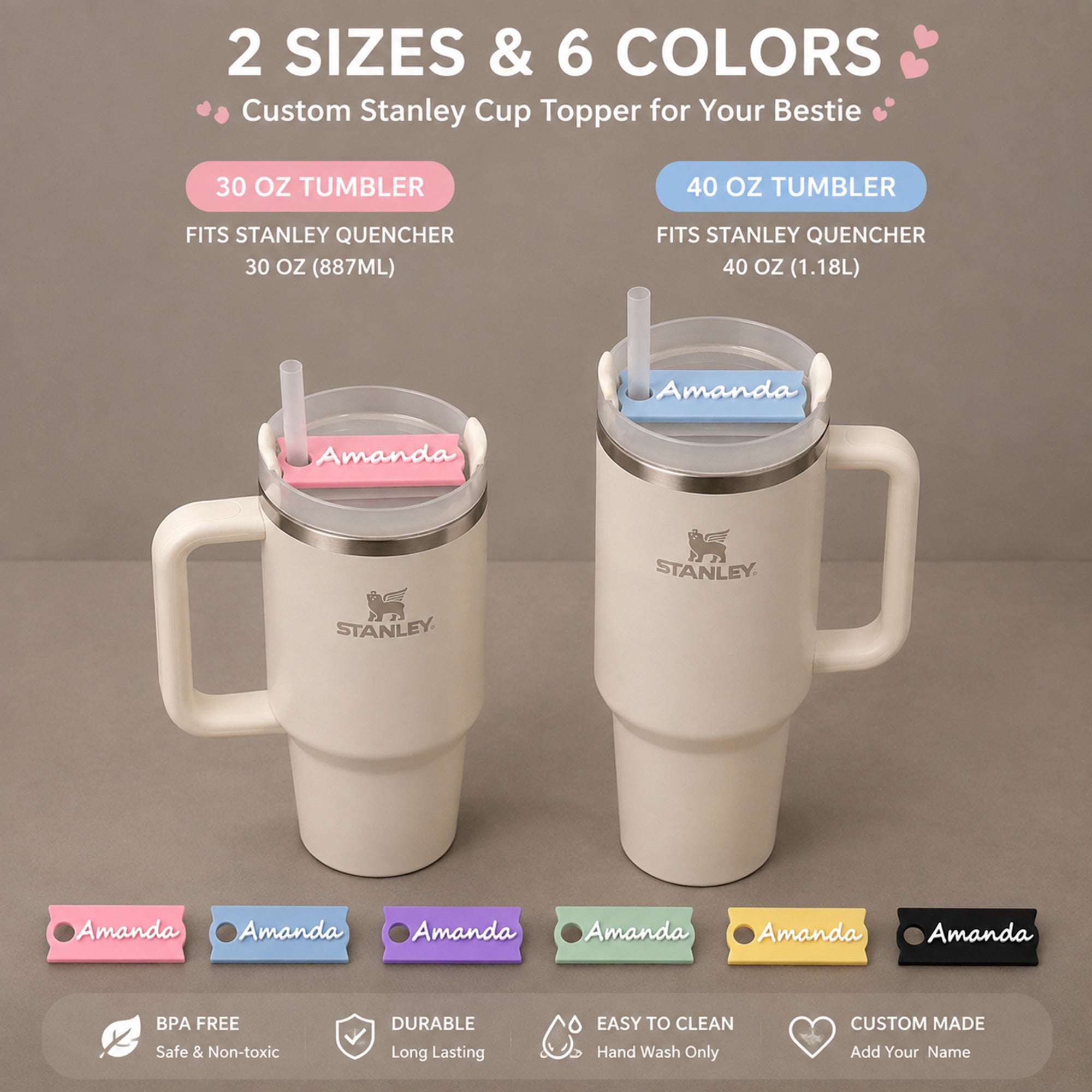 Personalized cup lid topper size options for 30 oz and 40 oz tumblers