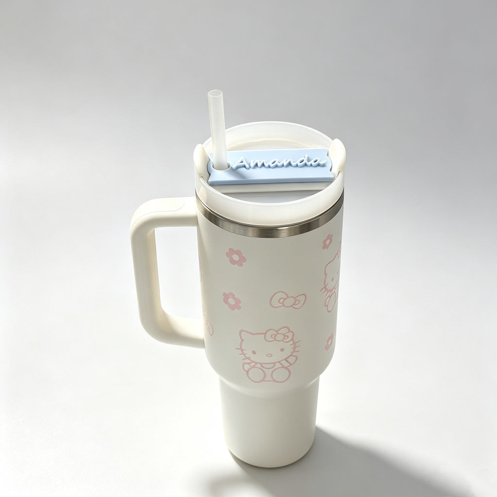 Blue custom name topper on a white tumbler