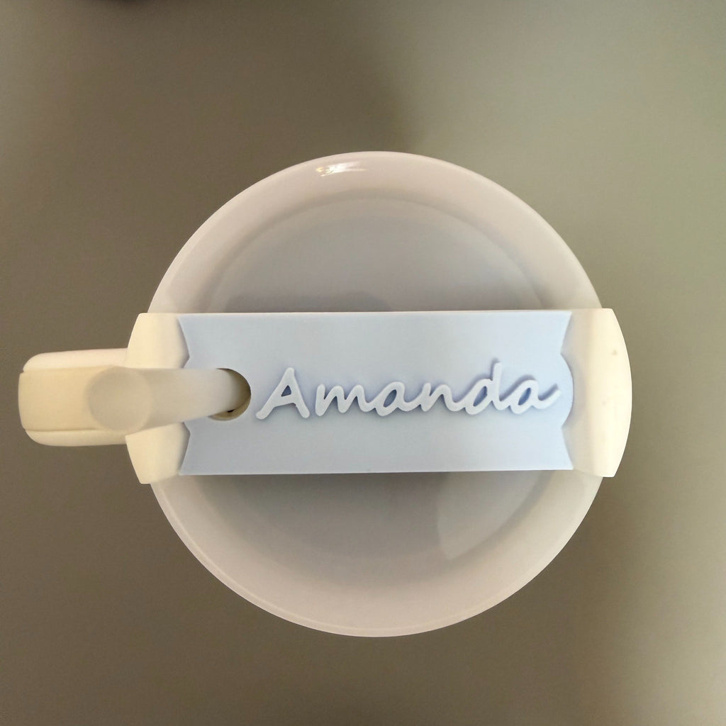 Top view of personalized Amanda tumbler lid topper
