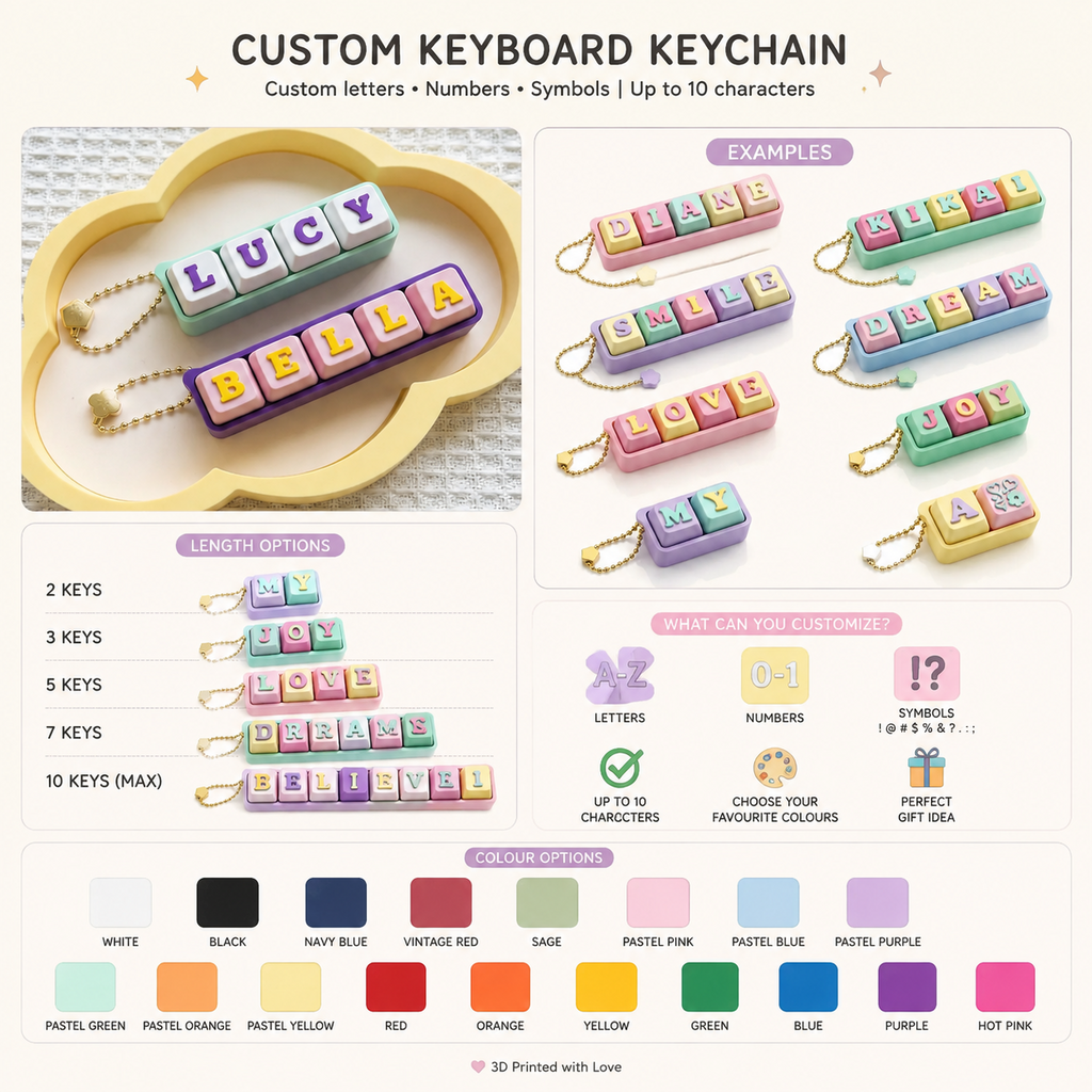 Custom keyboard keychain sizes colors and personalization guide