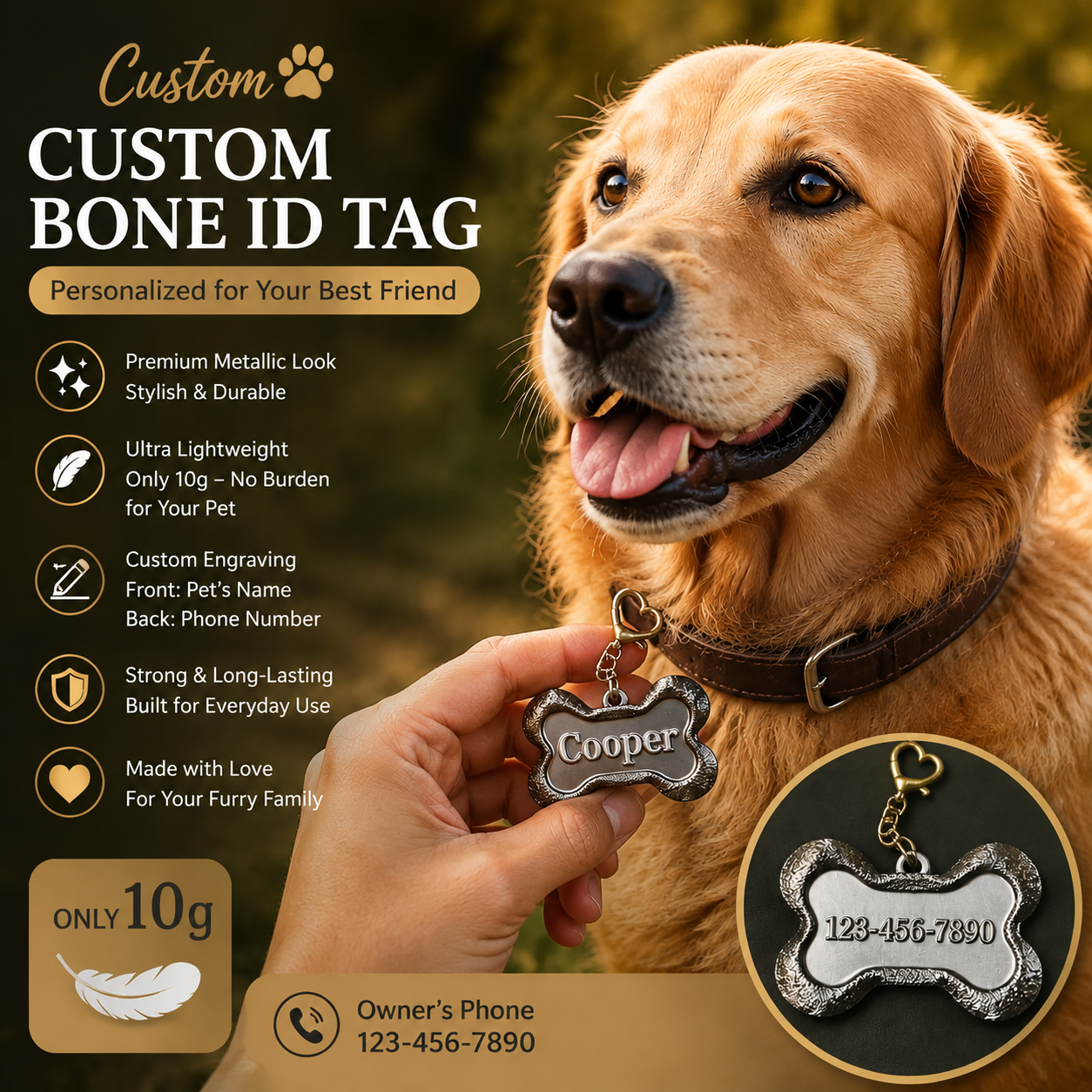 Personalized Bone Pet ID Tag – Custom Name & Phone Number