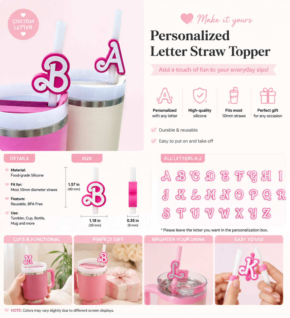 Personalized letter straw topper size and details