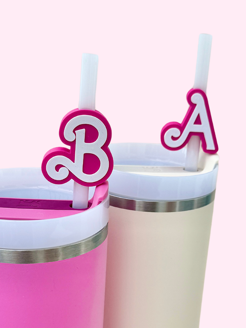 Personalized initial straw topper on tumbler cups