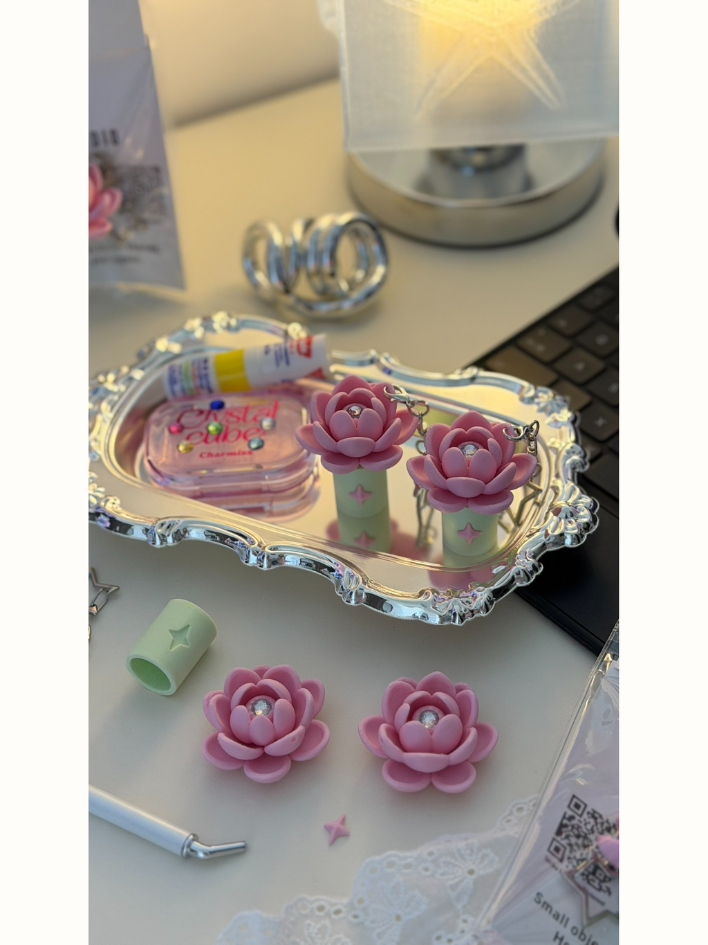 Pink lotus inhaler holder bag charm with mint green sleeve and sparkling center