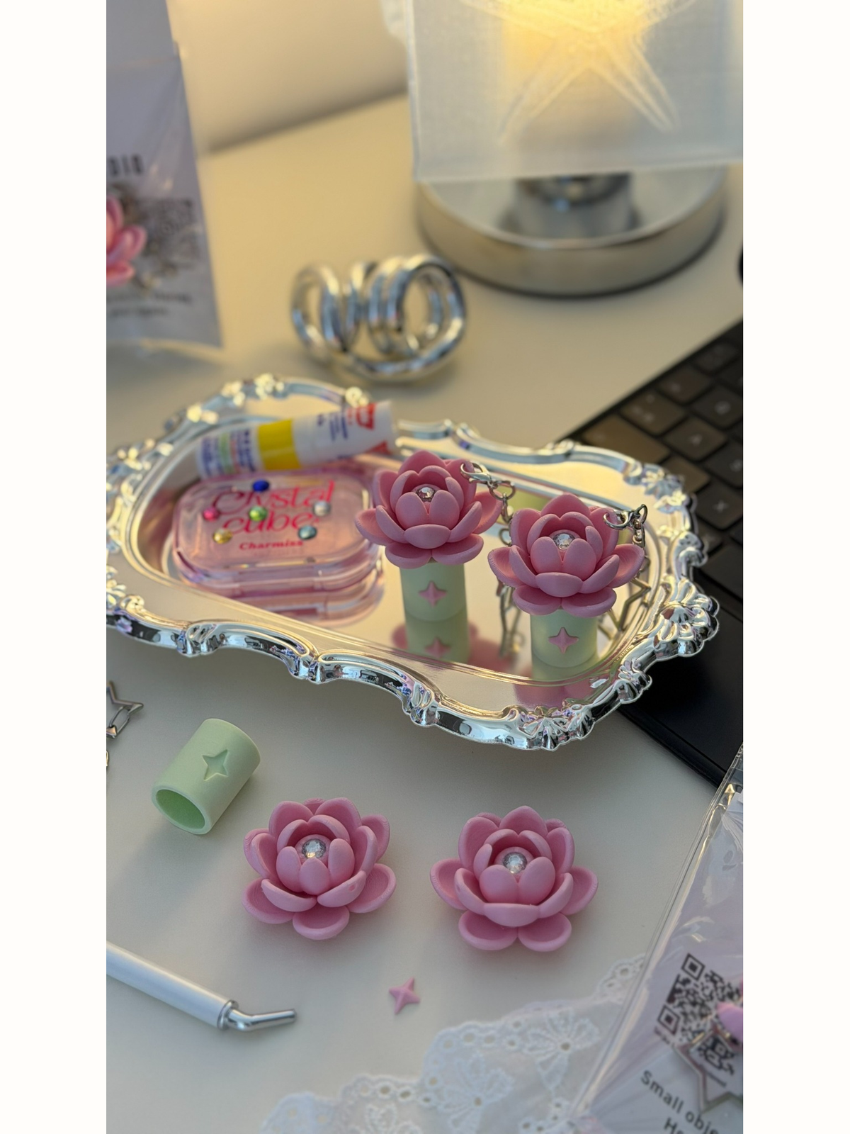 Pink lotus inhaler holder bag charm with mint green sleeve and sparkling center