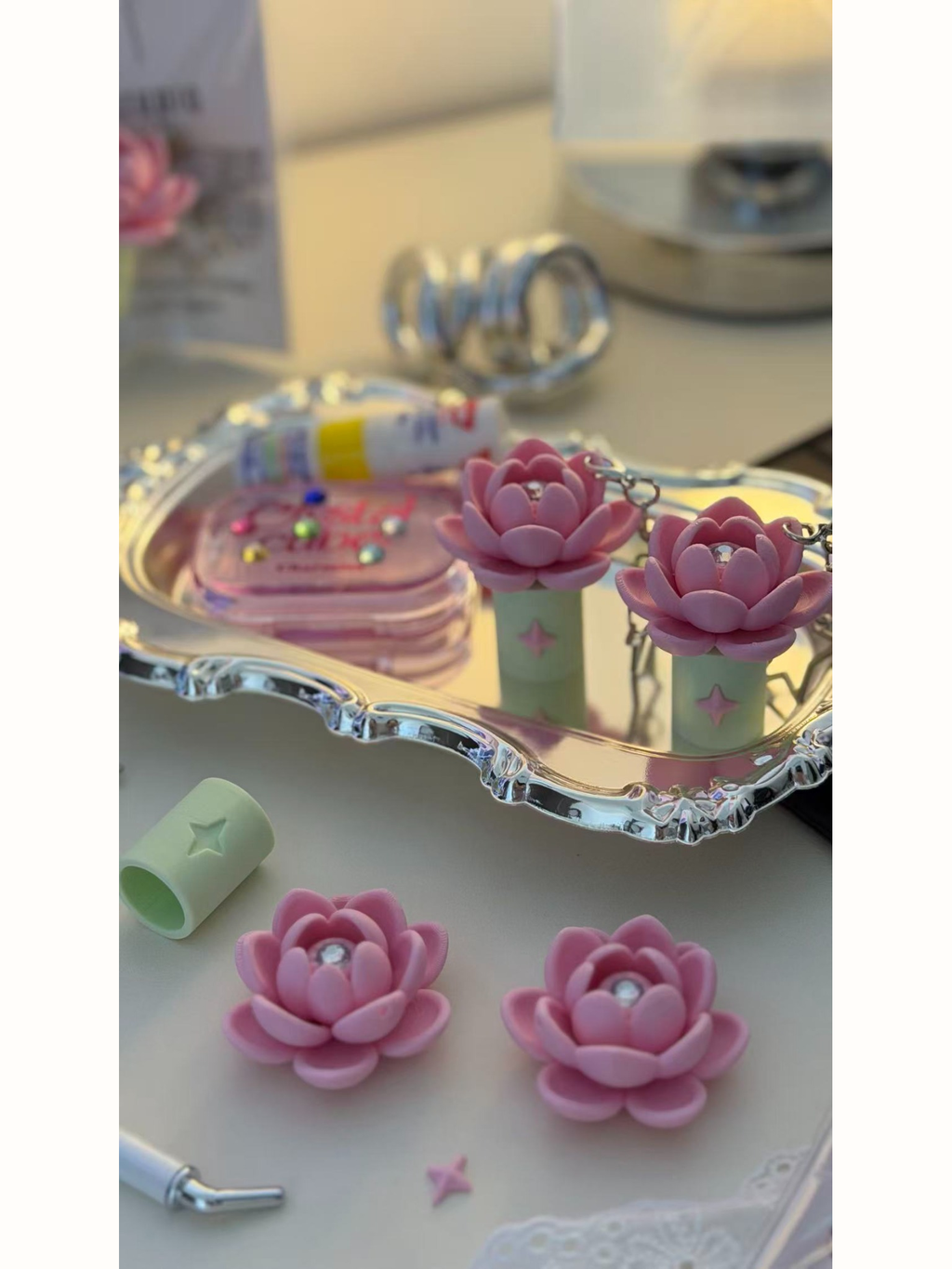 Lotus bag charms with removable sleeve details